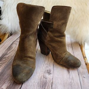 Rag & Bone Kinsey brown waxed suede Stacked heel ankle boots Sz 7